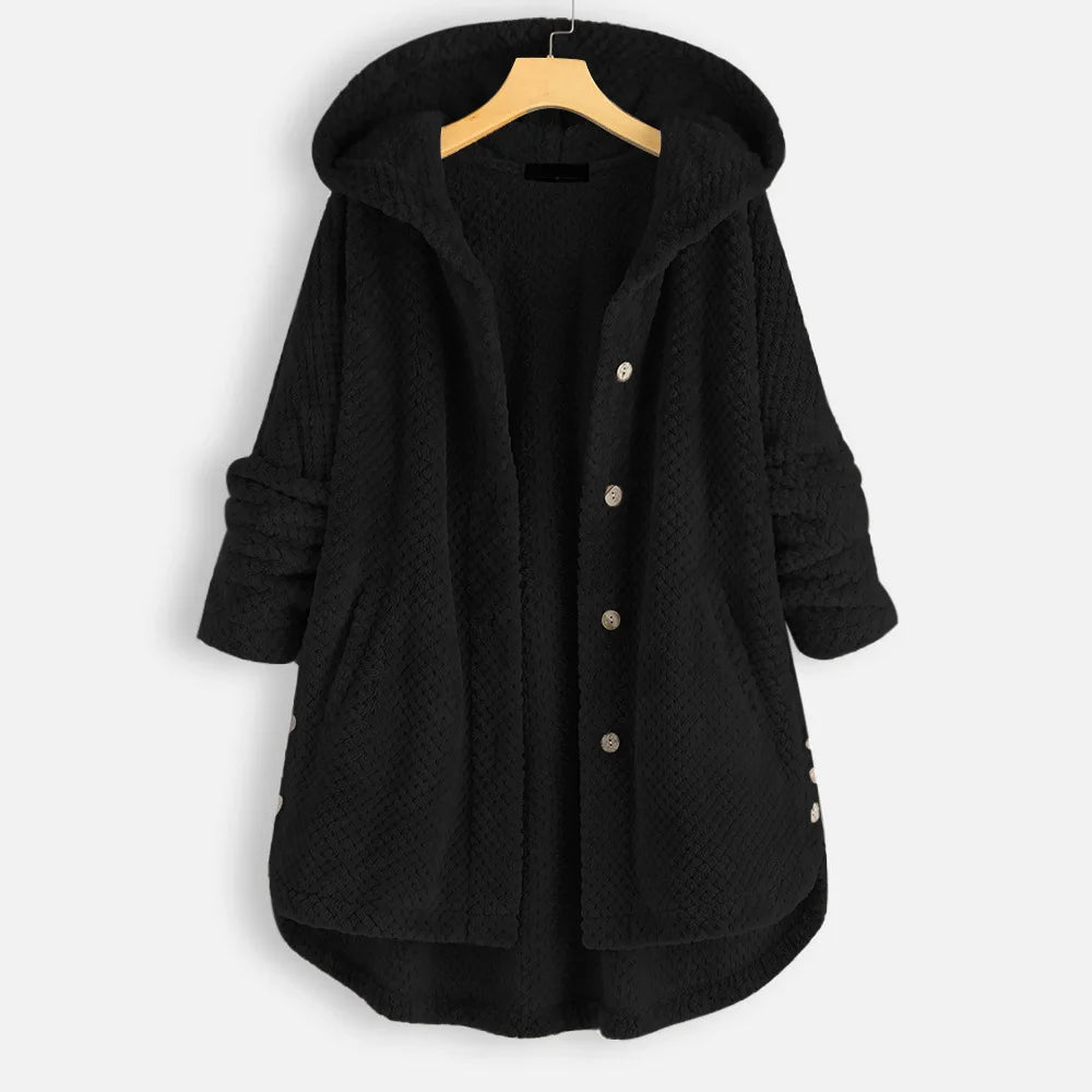 Women's teddy fleece hooded jacket oversized plush ivory with waffle-knit texture deep pockets