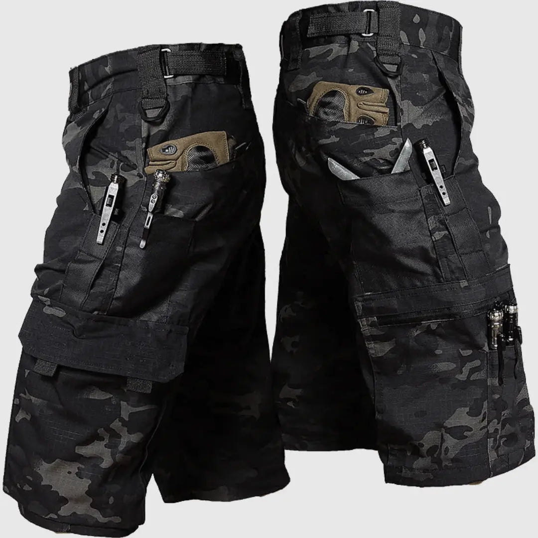 Rugged camouflage cargo shorts with water-resistant fabric and multiple secure pockets for outdoor adventure