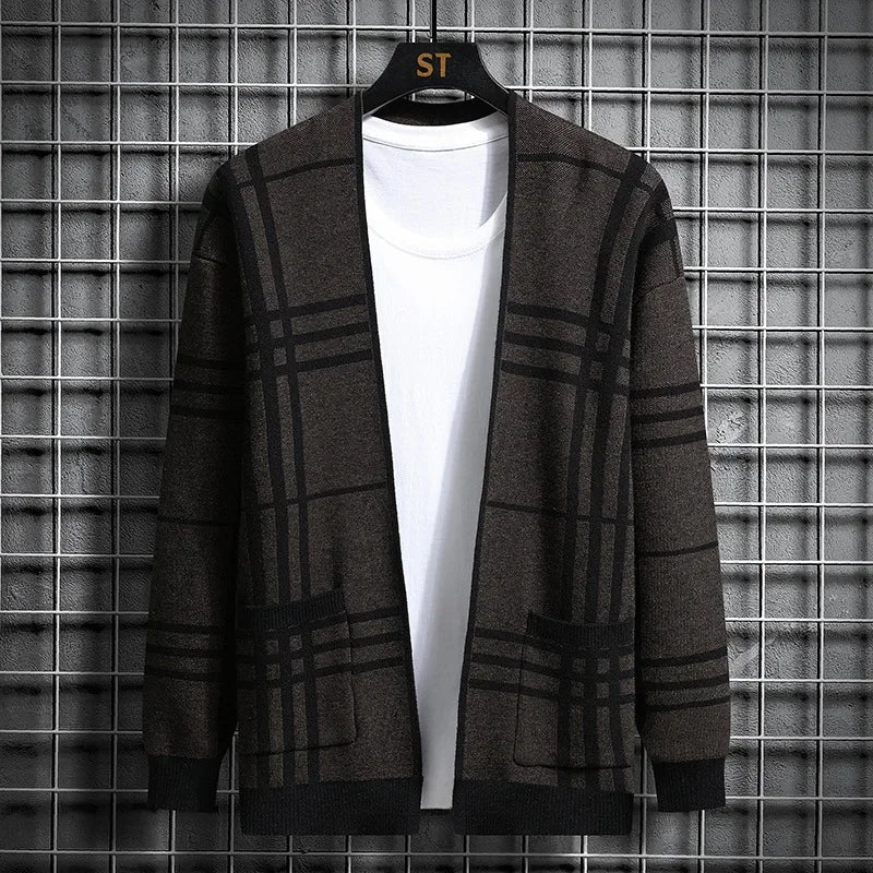 Men's plaid knit cardigan open-front cotton blend tailored pockets subtle windowpane pattern