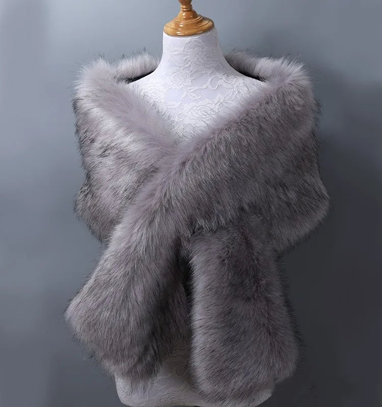 Ivory wrap shawl with plush faux fur trim, elegant formal coverage for evening gowns