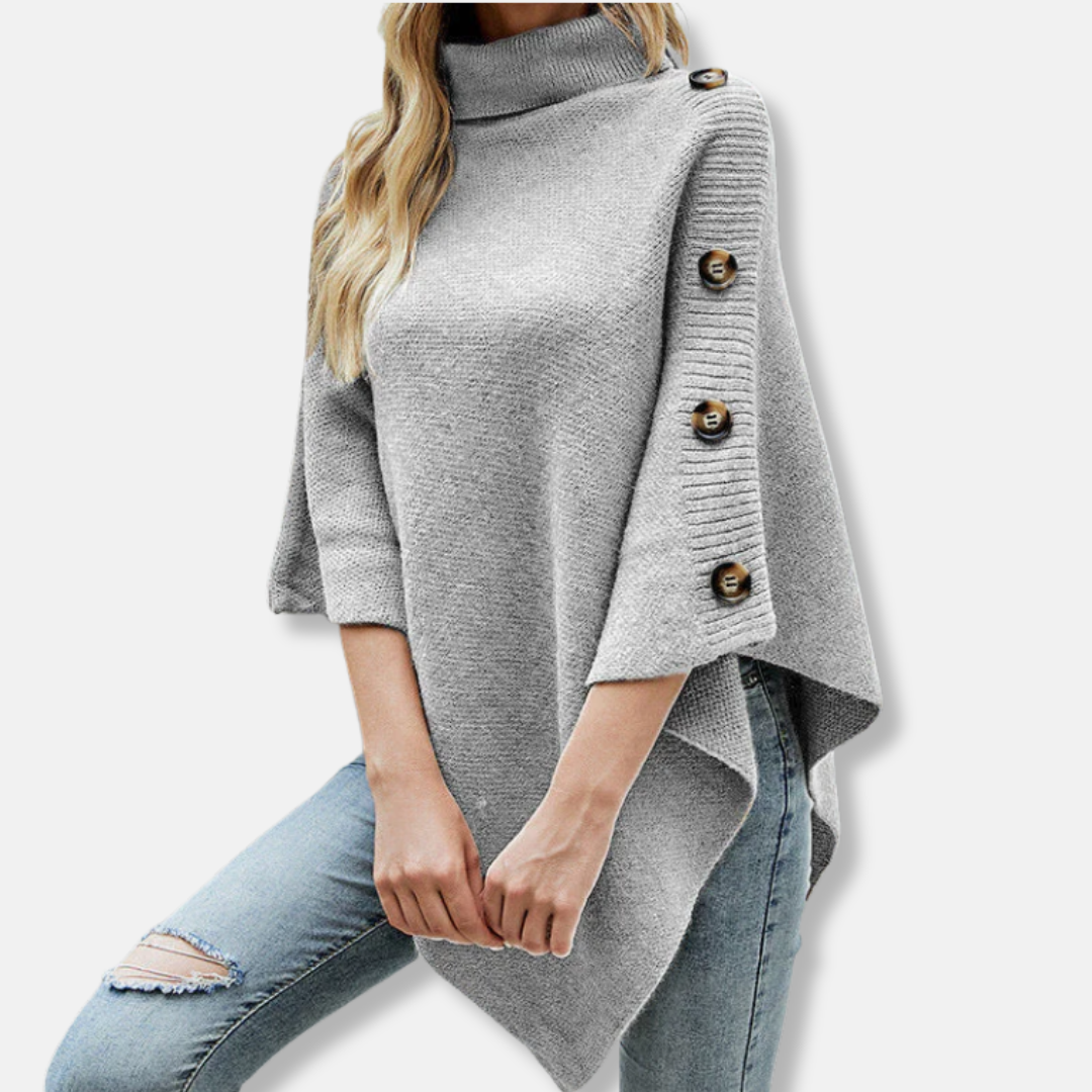 Women's oversized knitted poncho high neck asymmetrical hem cozy street style layering piece
