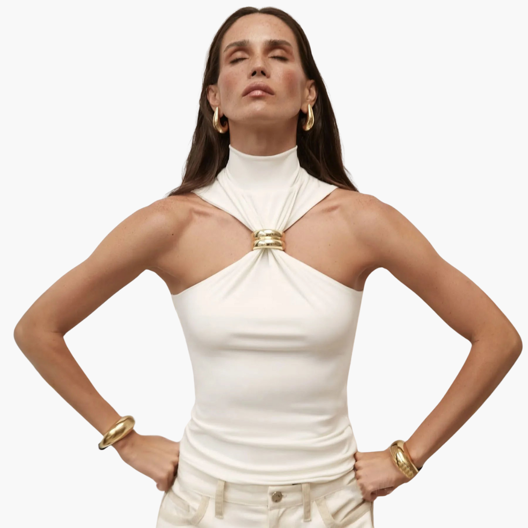 Women's black high neck halter top with gold accent centerpiece, sleek evening glam silhouette