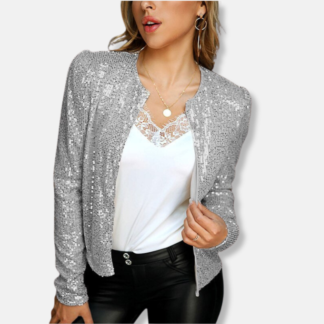 Women's silver sequin cropped blazer long sleeve evening jacket with all-over shimmer embellishment