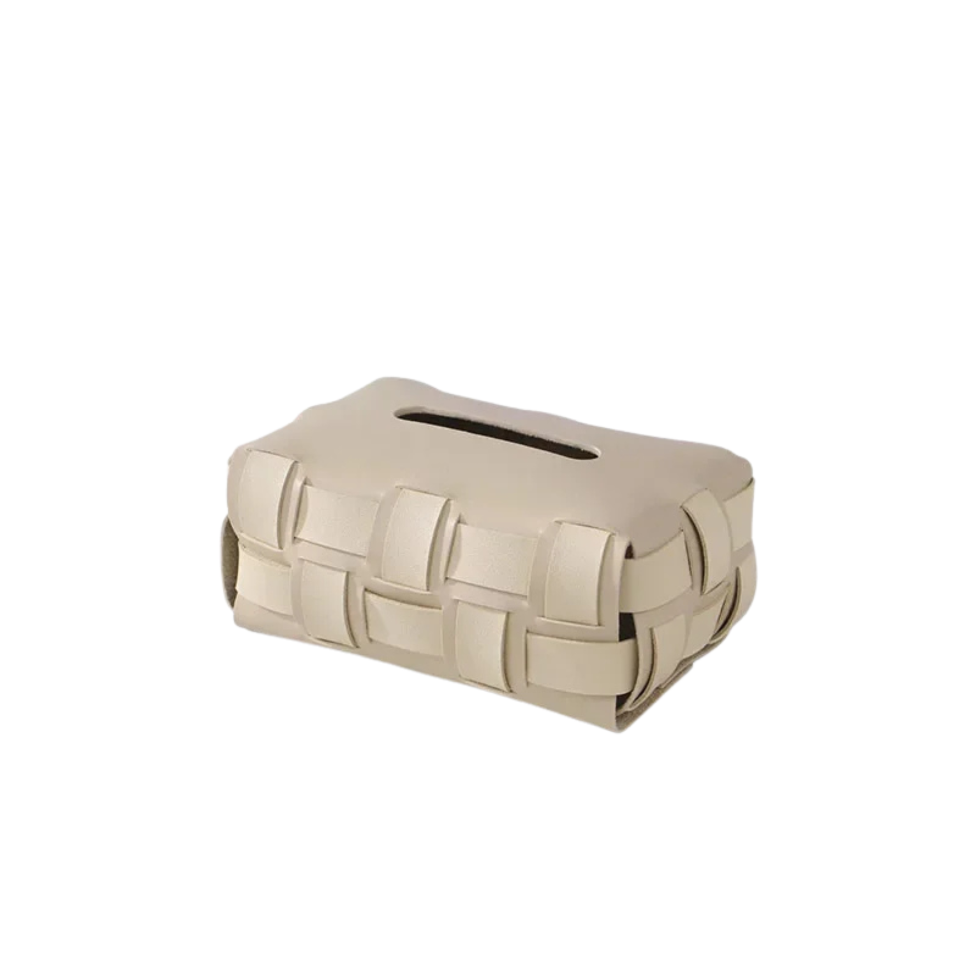 Nest woven faux leather tissue holder, minimalist rectangular design with snap closure for vanities