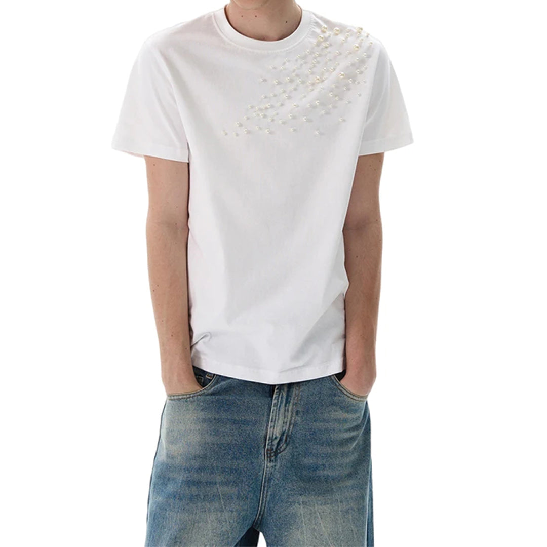 White cotton crew neck casual tee for men with scattered faux pearl bead cluster embellishments