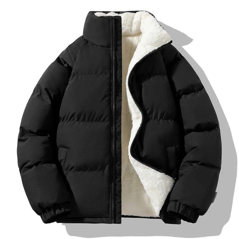 Black relaxed-fit puffer jacket with ultra-soft sherpa fleece lining and wind-resistant exterior