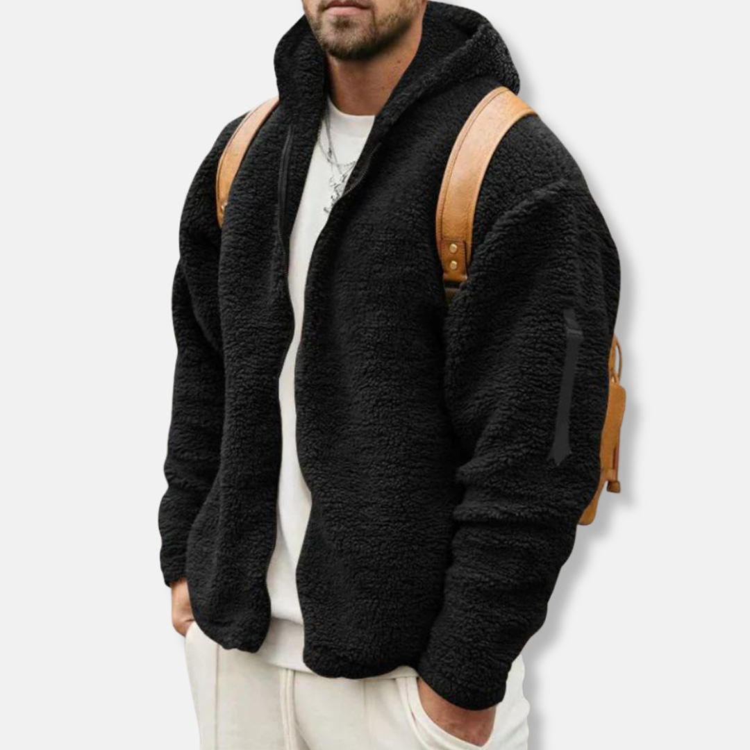 Men's gray sherpa fleece zip-up hoodie relaxed fit with ribbed edges for winter warmth