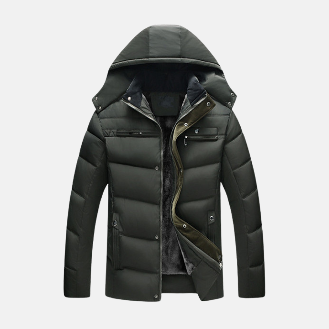 Men's black quilted padded coat water-resistant fleece hood snap closure urban winter outerwear