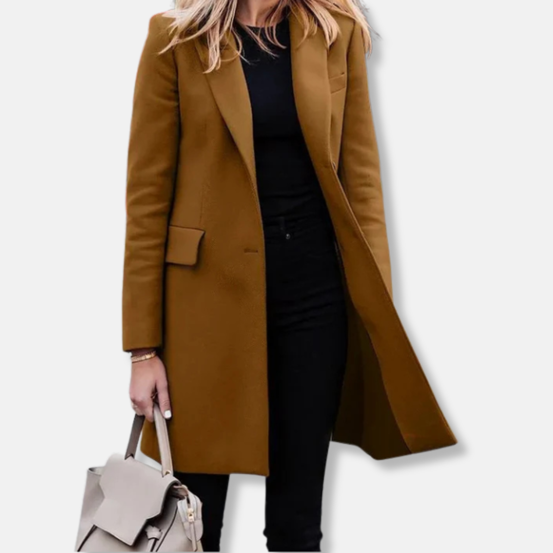 Women's longline wool blend coat tailored silhouette notched lapels flap pockets professional style