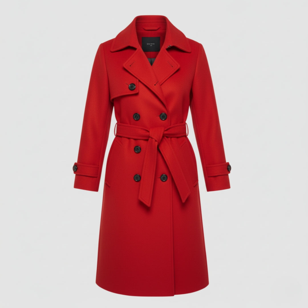 Women's double-breasted wool trench coat in structured long silhouette with classic lapel collar
