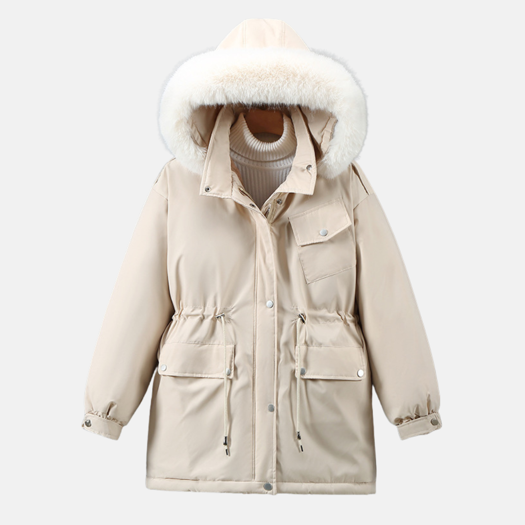 Women's relaxed-fit mid-length parka jacket with weather-resistant fabric and faux fur hood