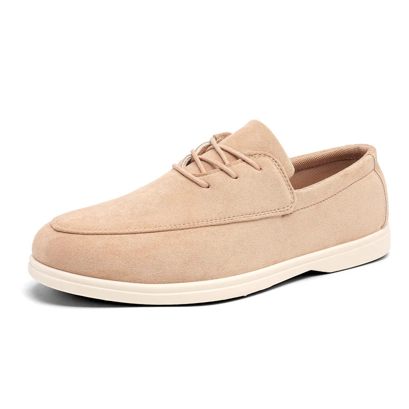 Men's brown brushed suede lace-up loafer with hand-stitched detailing and hidden stretch cushioned insole