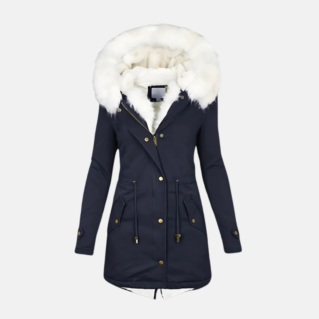 Women's slim fit mid-length parka coat with cozy faux fur hood, water-resistant all-weather style