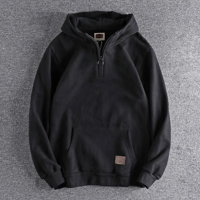 Men's navy quarter-zip hoodie relaxed fit 100% thick cotton knit for outdoor casual wear