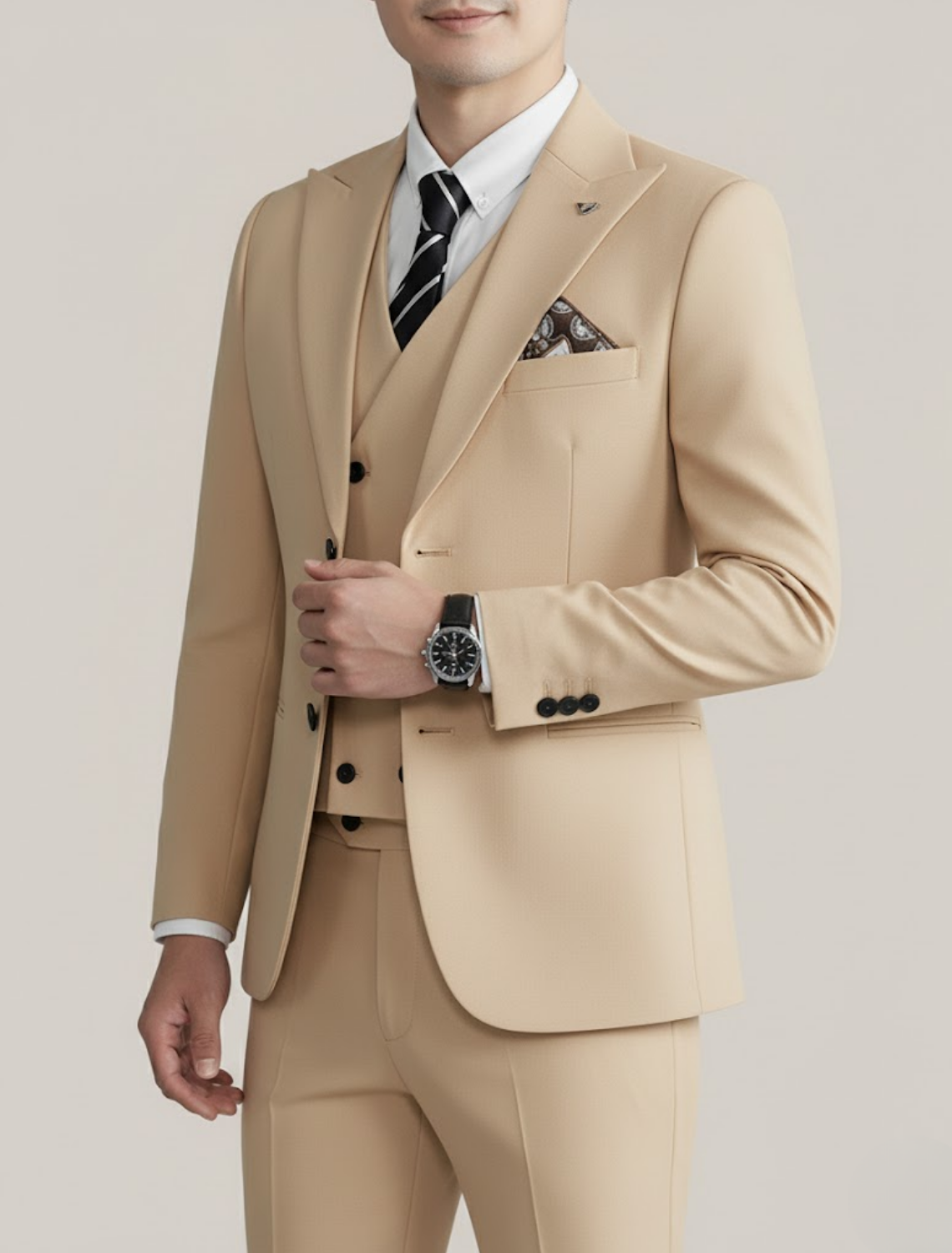 Men's navy tailored three-piece suit double-breasted waistcoat blazer tapered trousers wedding groom