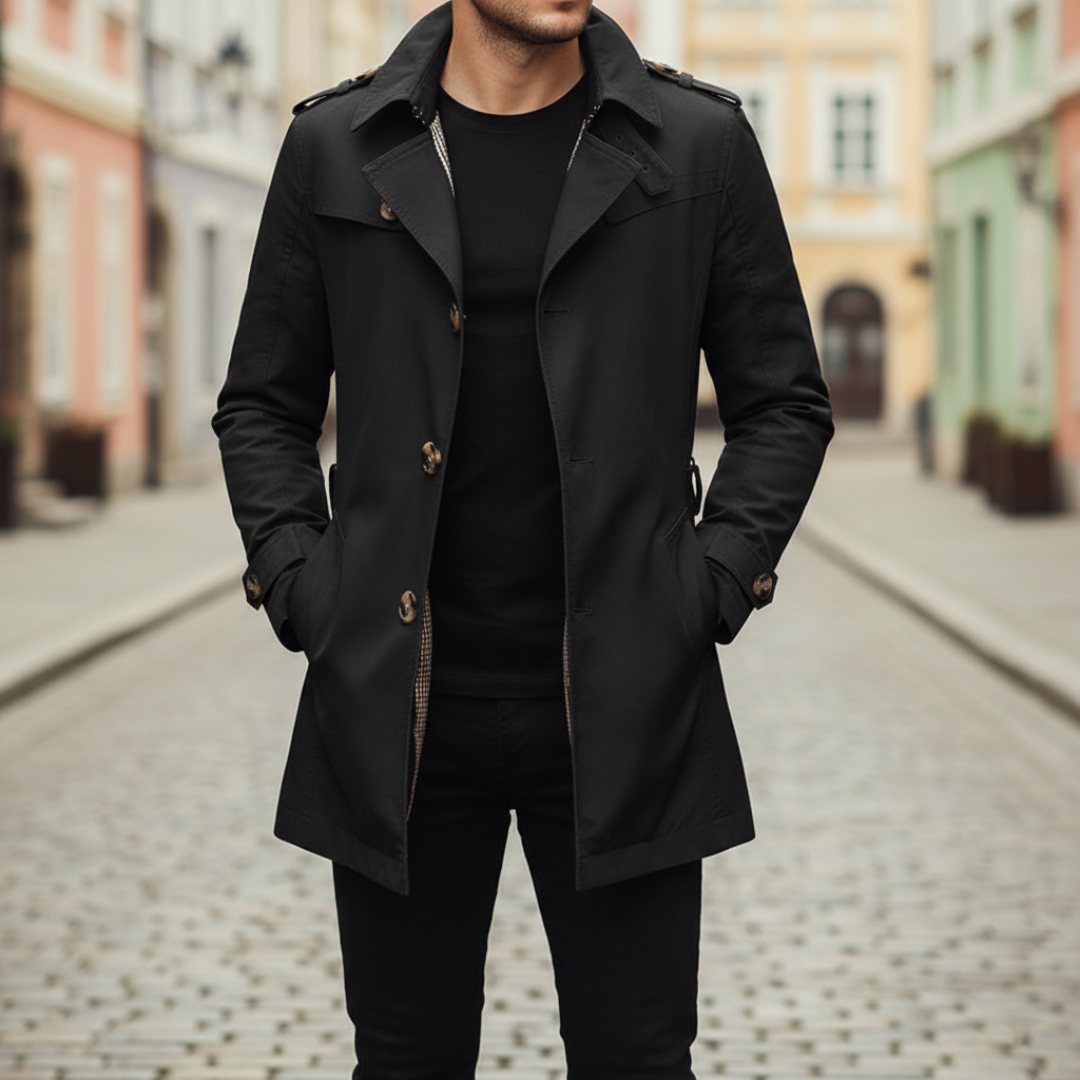 Men's waterproof trench coat classic fit button closure available in black blue brown green
