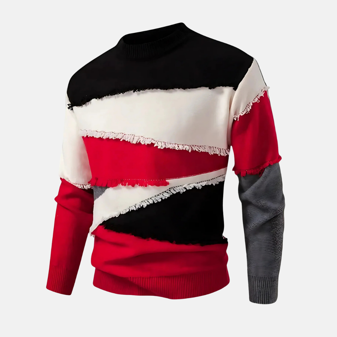 Men's colorblock mock neck knit sweater in neutral tones with raw-edge finish for smart casual style