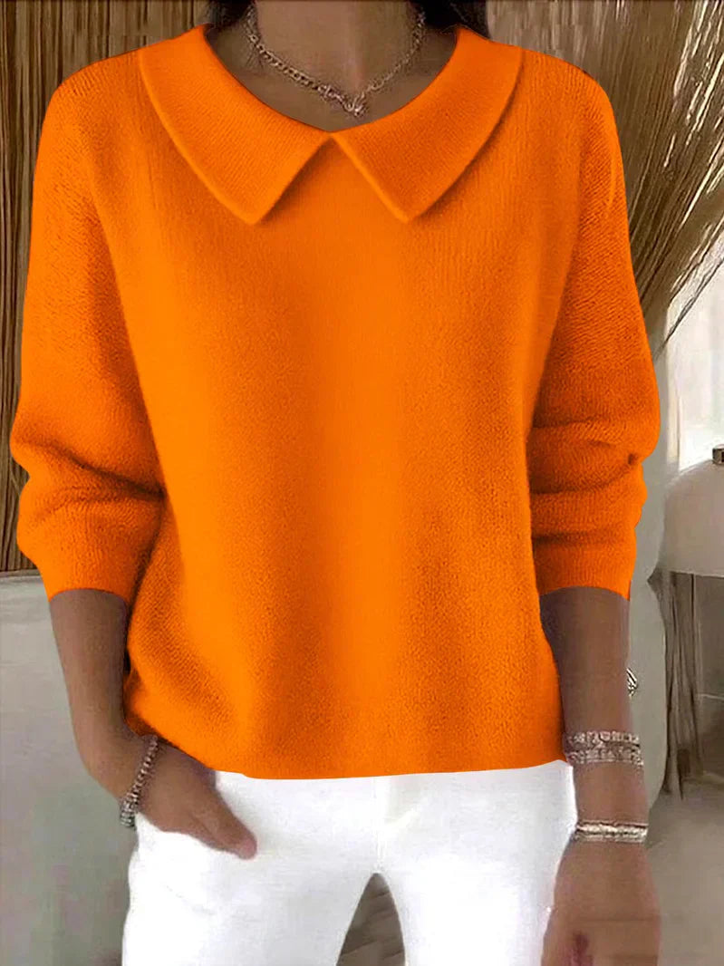 Ivory collared knit sweater with pointed collar, straight silhouette, midweight soft texture