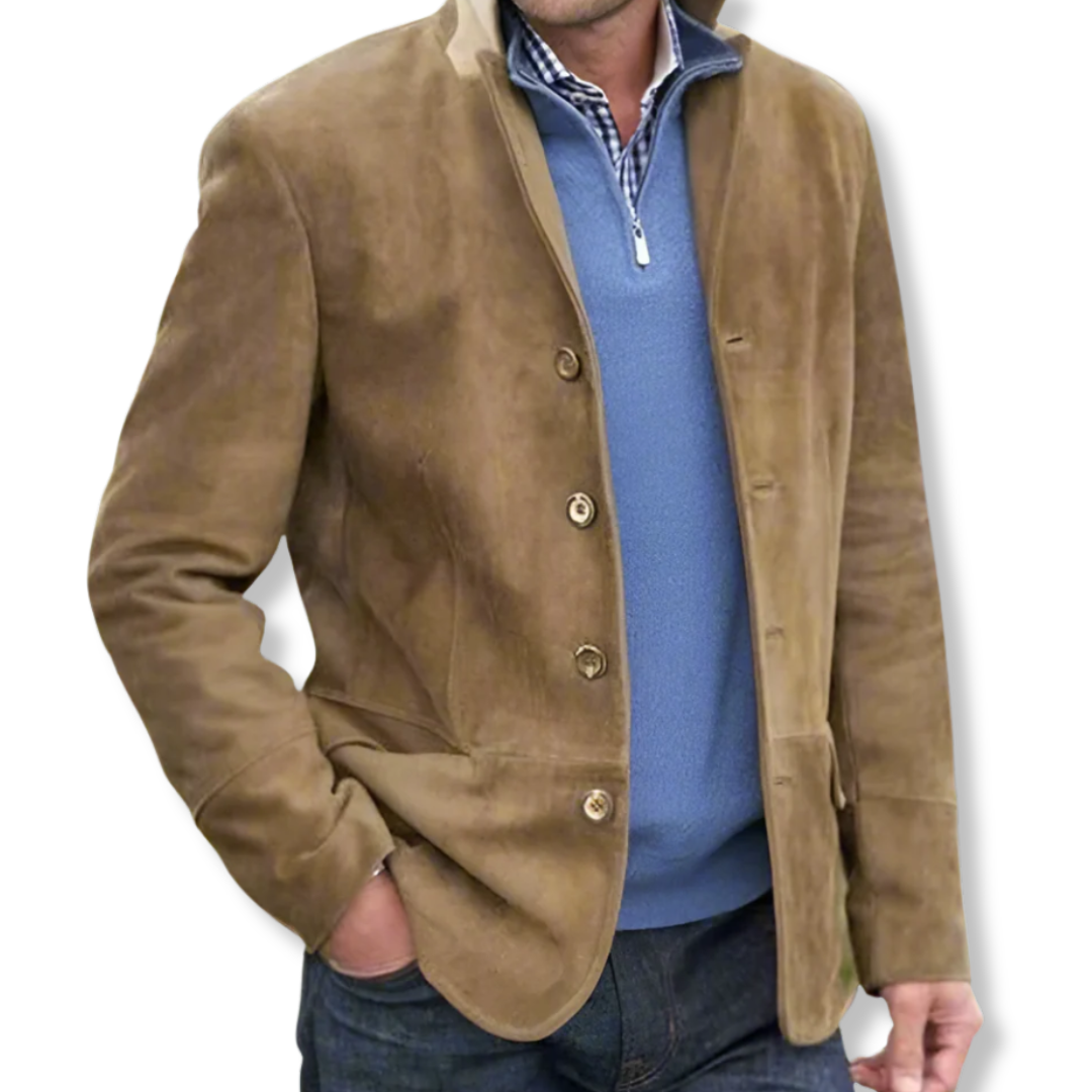 Men's navy tailored fit hip-length jacket with classic collar and structured button-front closure