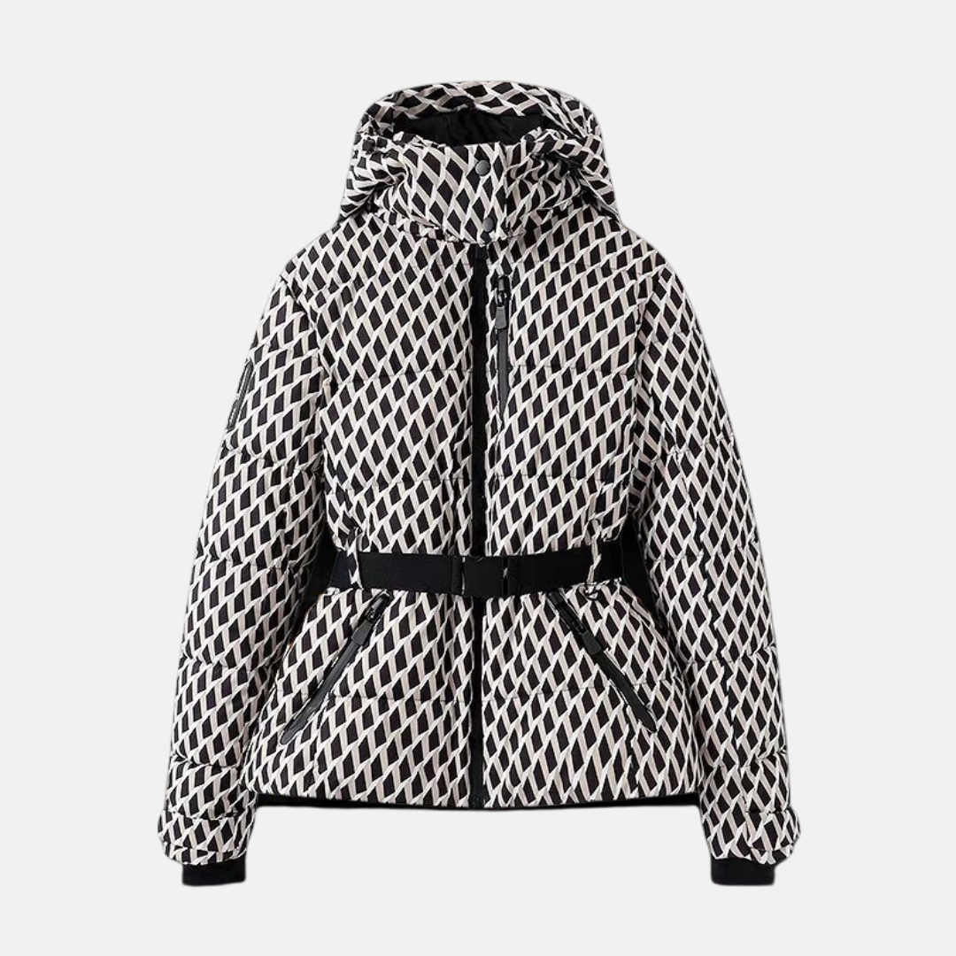 Women's oversized quilted puffer jacket with belted waist, hooded collar, insulated winter coat