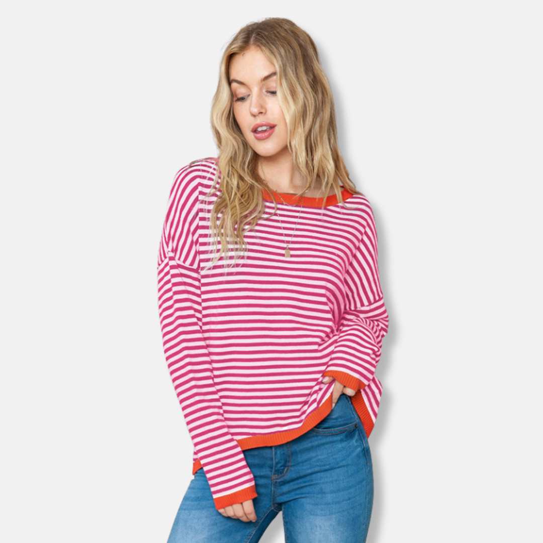 Women's striped cotton relaxed fit boat neck sweater with drop shoulder in soft knit