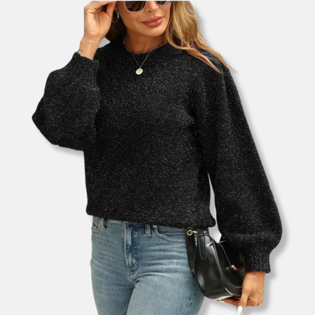 Women's cozy plush knit sweatshirt relaxed fit crew neck with puff sleeves in casual style