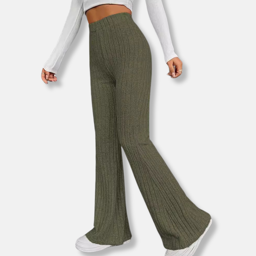 Women's high-waist ribbed knit stretch trousers slim fit flared full-length in neutral tone