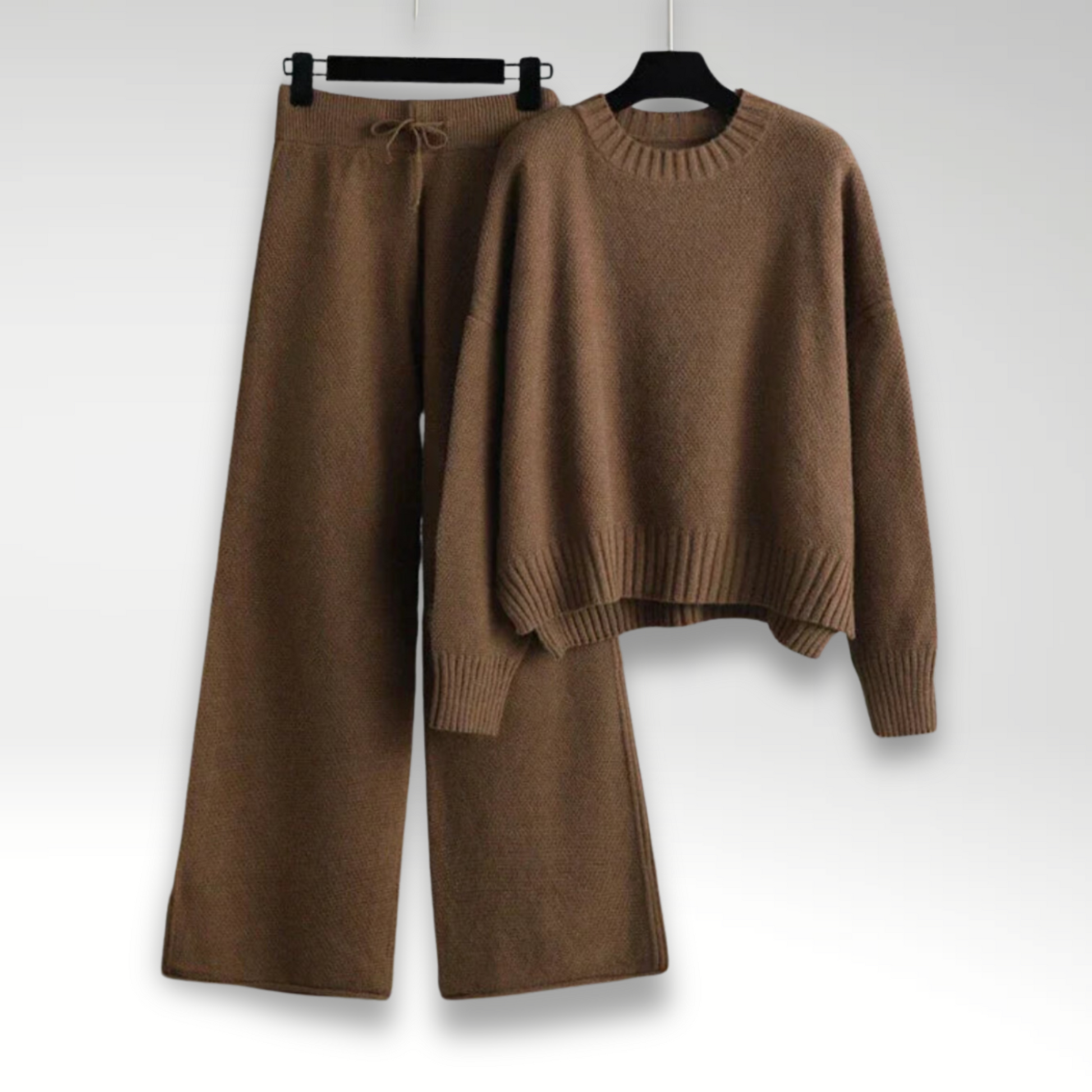 Women's luxury tricot two-piece drawstring outfit in neutral tones, flexible fit for elevated casual style