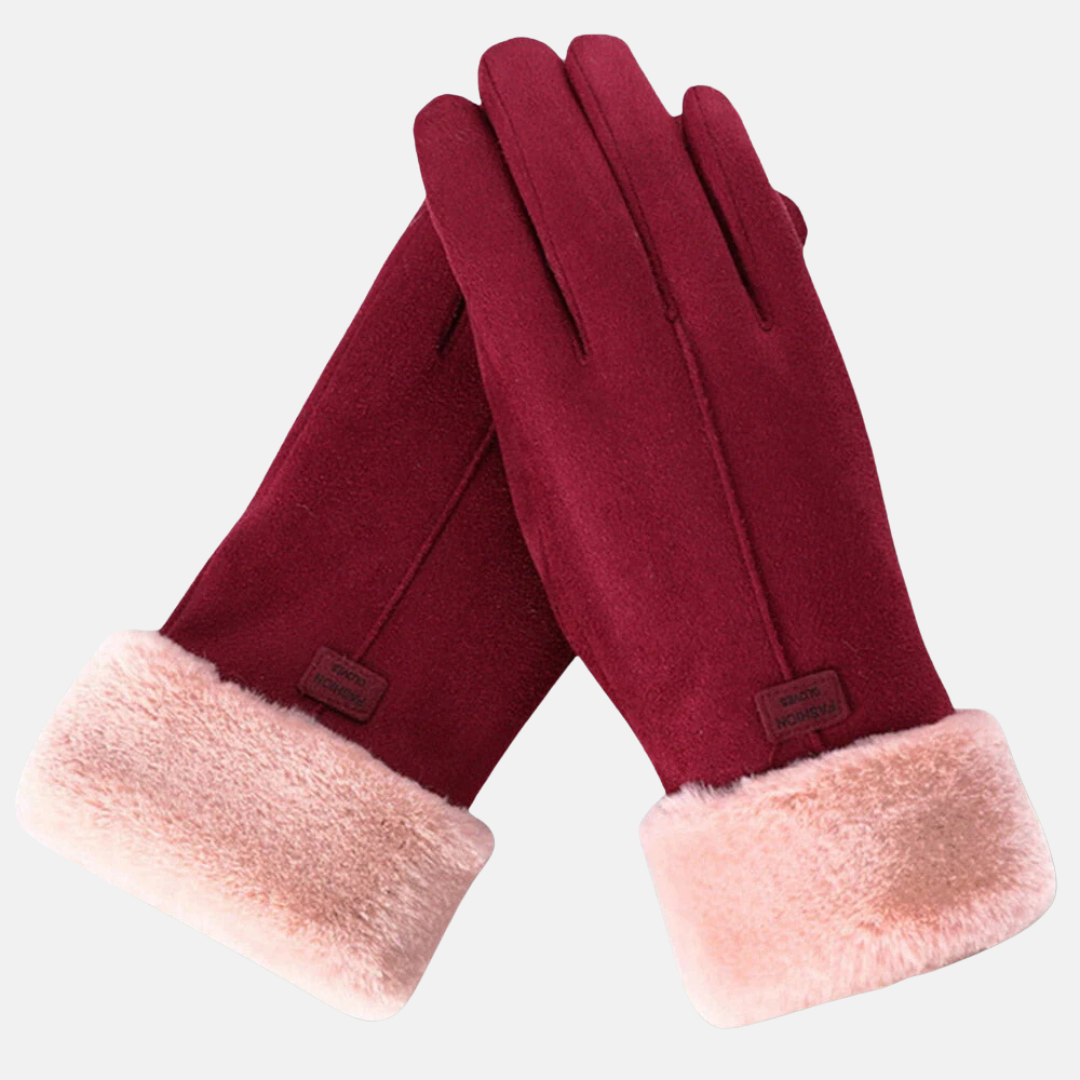 Women's slim-fit suede-like touchscreen gloves with plush faux fur cuffs in elegant winter style