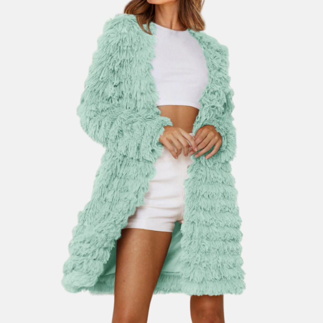Women's longline shaggy cardigan open-front relaxed fit plush acrylic knit casual layering piece