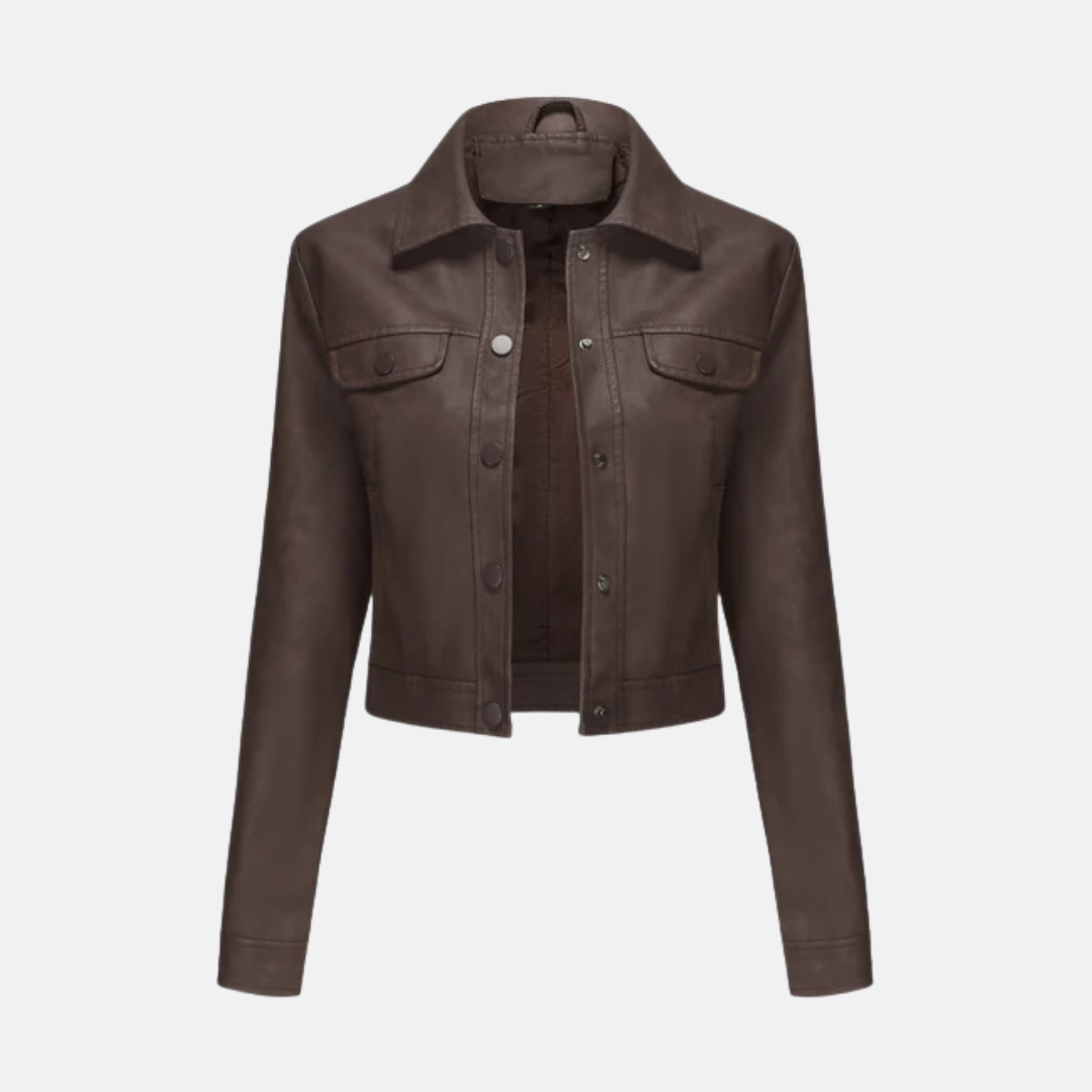 Women's cropped jacket structured fit woven texture snap front point collar chic layer