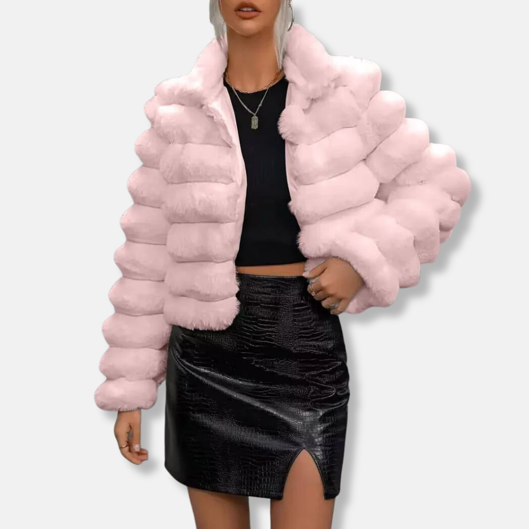 Women's faux fur cropped jacket beige stand-up collar long sleeve plush chic winter outerwear