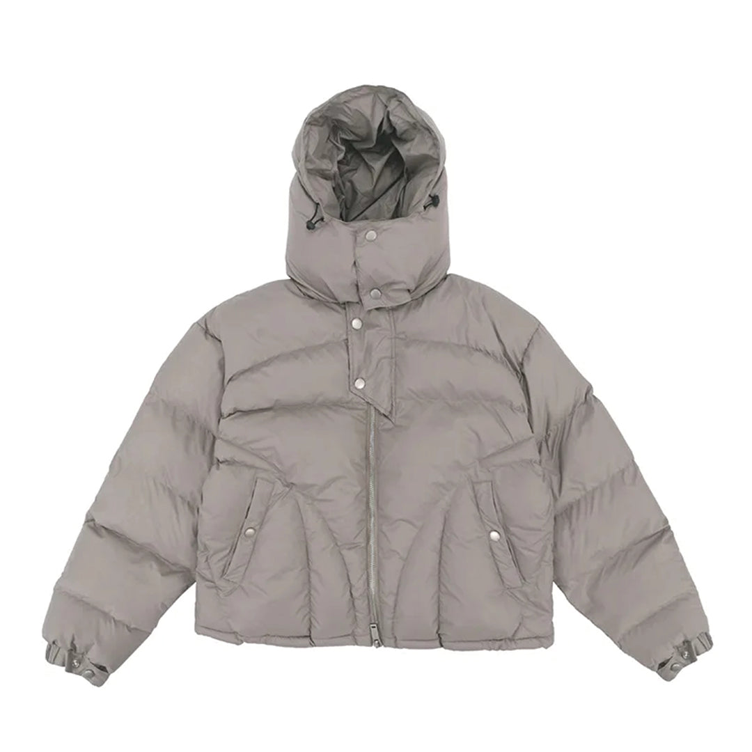 Black down puffer coat cotton shell secure hood urban layering warmth everyday style