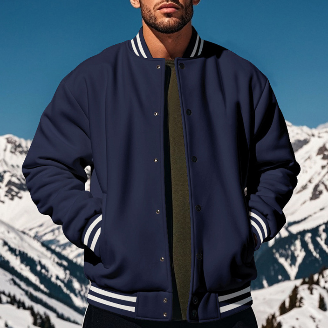 Men's smooth polyester bomber jacket with stand collar, snap button closure, relaxed-fit silhouette