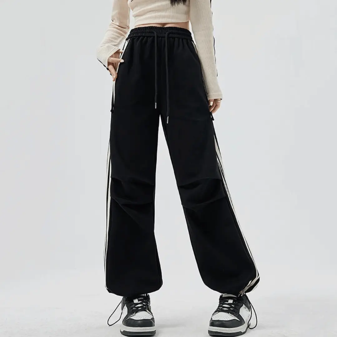 Women's wide-leg cotton-blend pants relaxed fit bold stripes oversized pockets street style