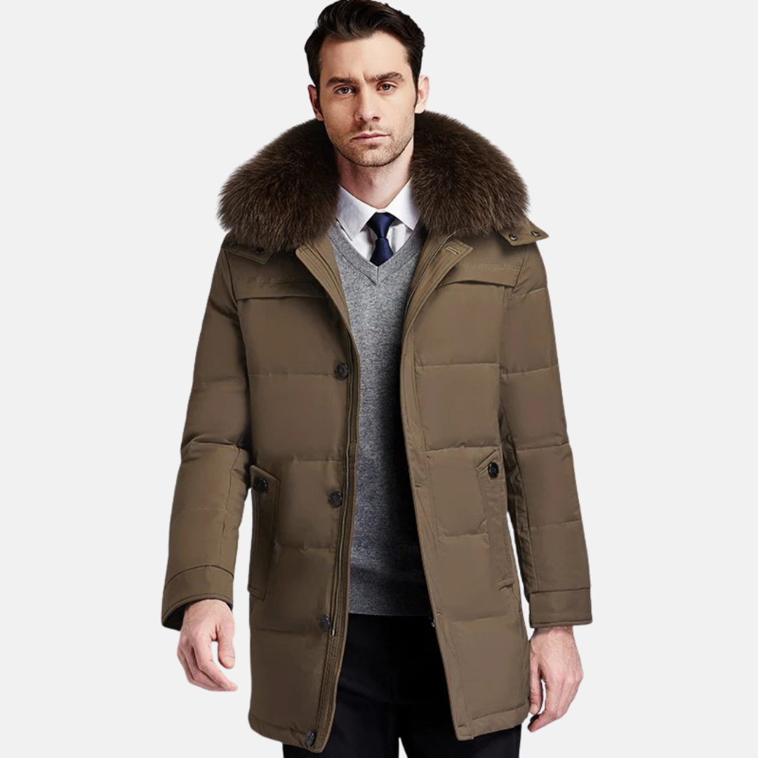 Men's mid-length black puffer coat with detachable fur trim stand-up collar for winter warmth