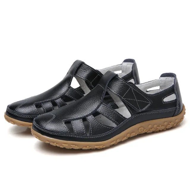Women's casual leather sandals beige EVA foam cushion velcro strap breathable summer beach city walk