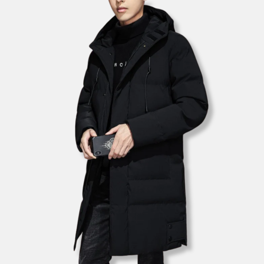 Men's long quilted hooded jacket zipper front longline silhouette autumn winter warmth streetwear