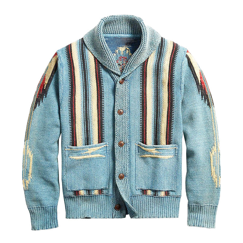 Men's vintage knit cardigan shawl collar bold sleeve patterns classic relaxed layering style
