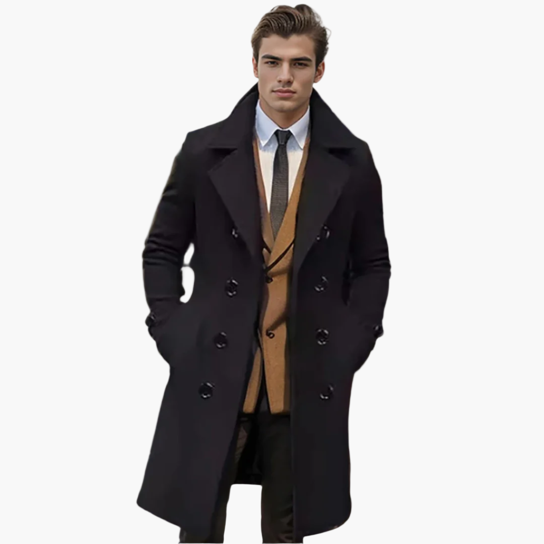 Men's double-breasted long coat slim Italian-cut wide lapels versatile business casual elegant design
