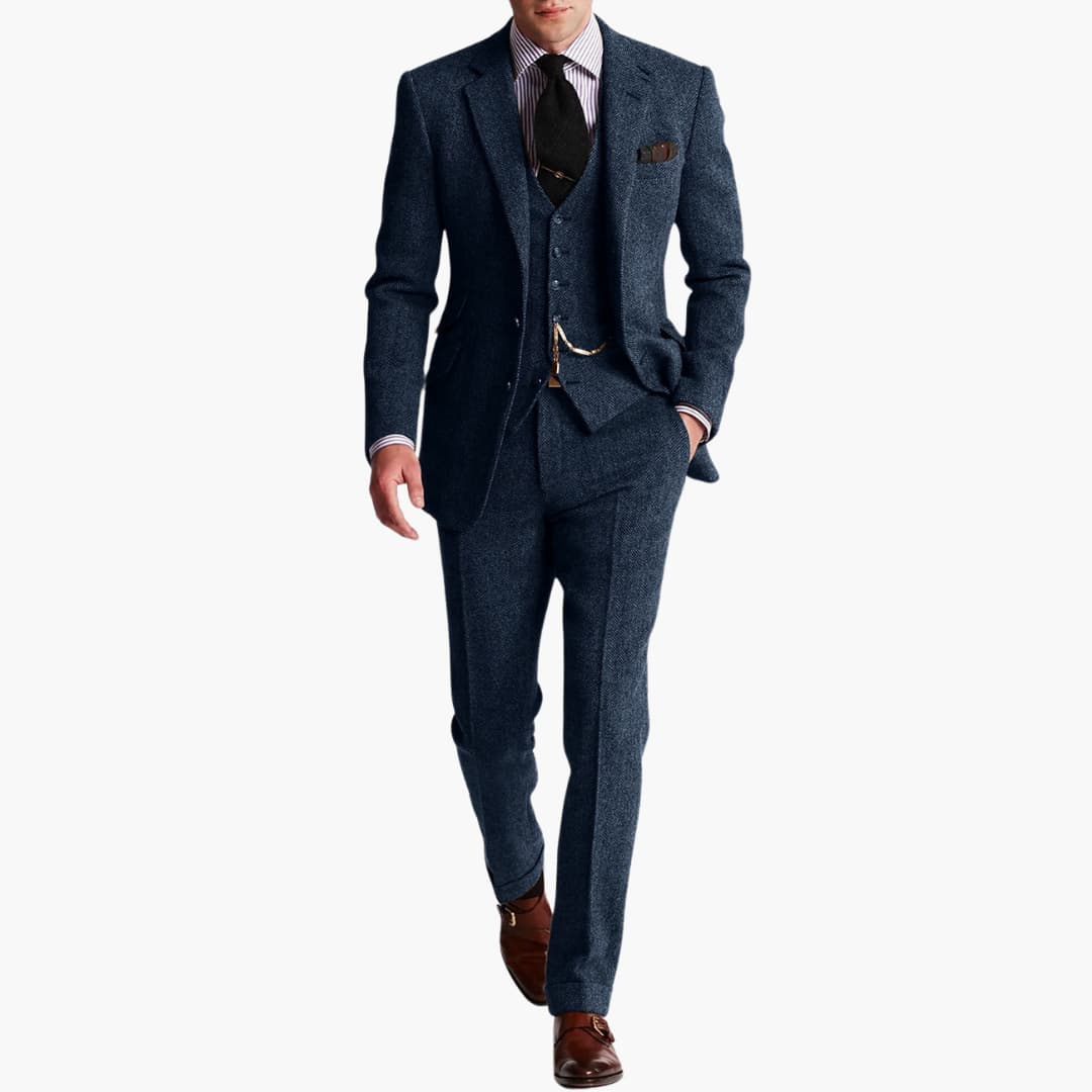 Men's slim fit wedding guest suit with vest, elegant tailored three-piece design for groomsmen