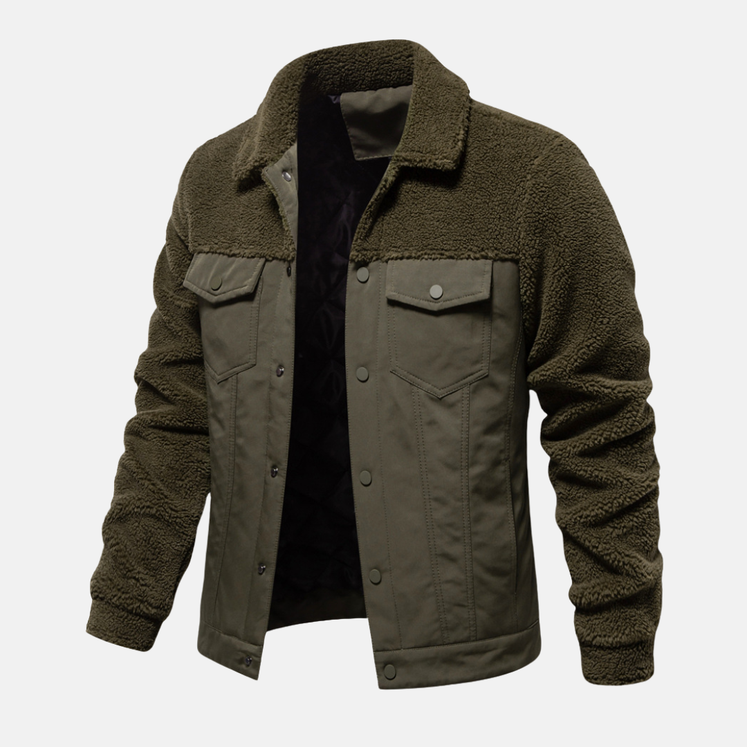 Men's tan mixed-material trucker jacket hip-length snap closure point collar casual outerwear