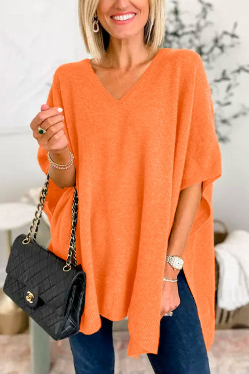 Women's solid cashmere poncho sweater V-neck loose fit lightweight breathable layering essential