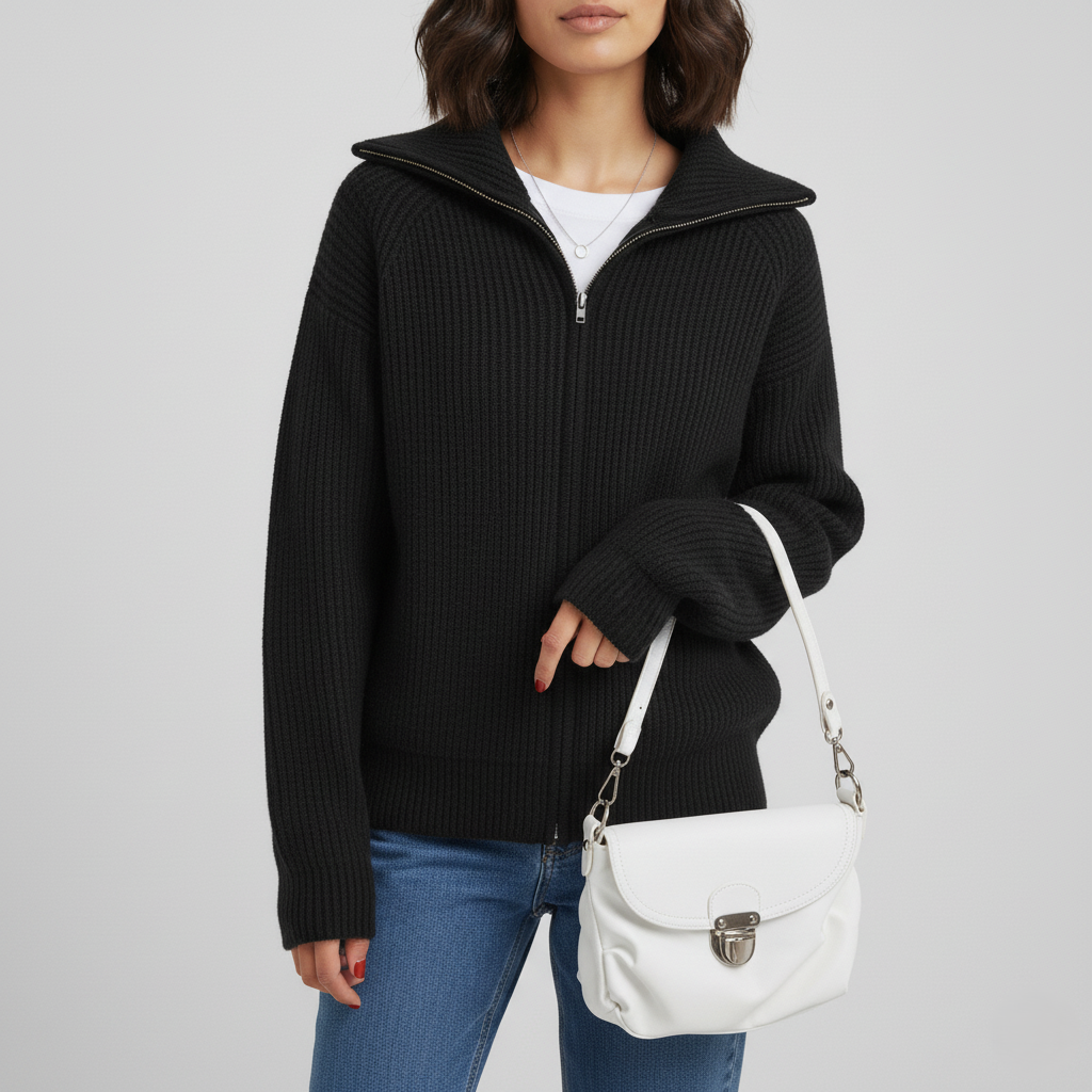 Women's slim fit ribbed knit cardigan high collar zipper closure stretchy layering essential
