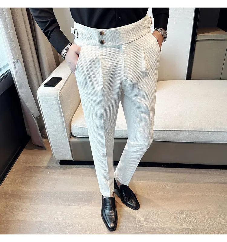 Men's slim-fit high-waist waffle textured trousers with pleated front and adjustable side straps