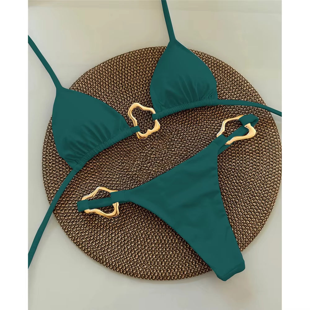 Women's triangle bikini set gold ring accents high-cut bottoms body contouring adjustable ties