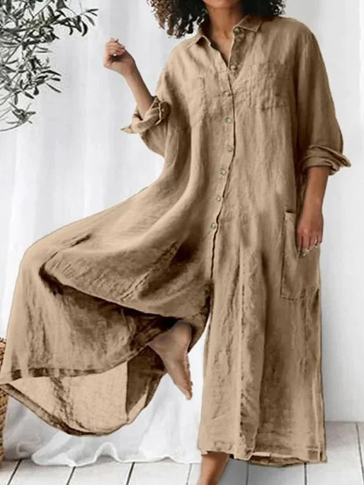 Women's khaki wide-leg jumpsuit lapel collar single-breasted cotton blend everyday casual one-piece
