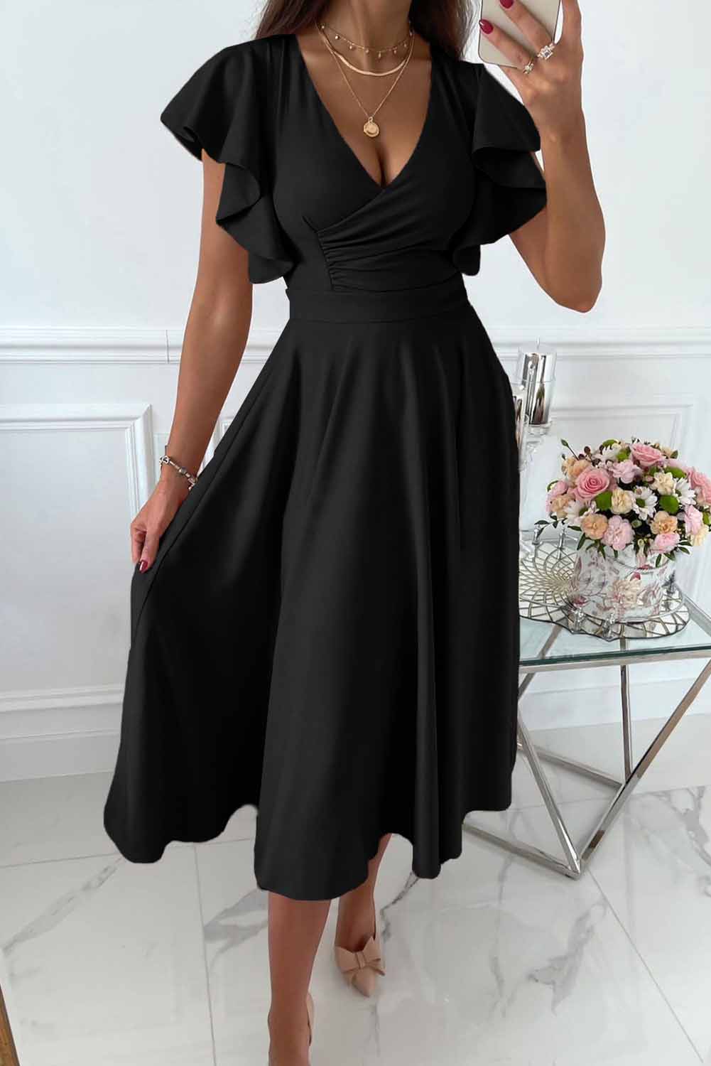 Women's wrap dress V-neck flutter sleeves fitted A-line silhouette elegant seasonless style