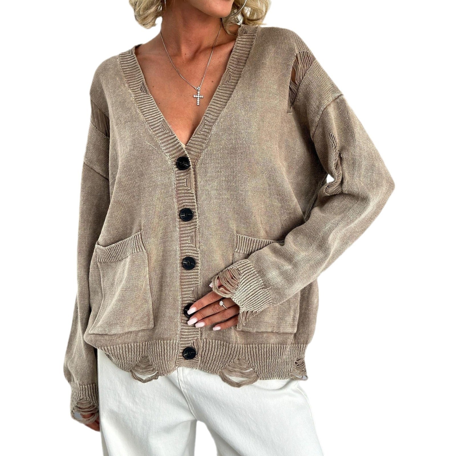 Women's washed-out knit cardigan in vintage casual style with soft worn-in finish and cozy layered fit