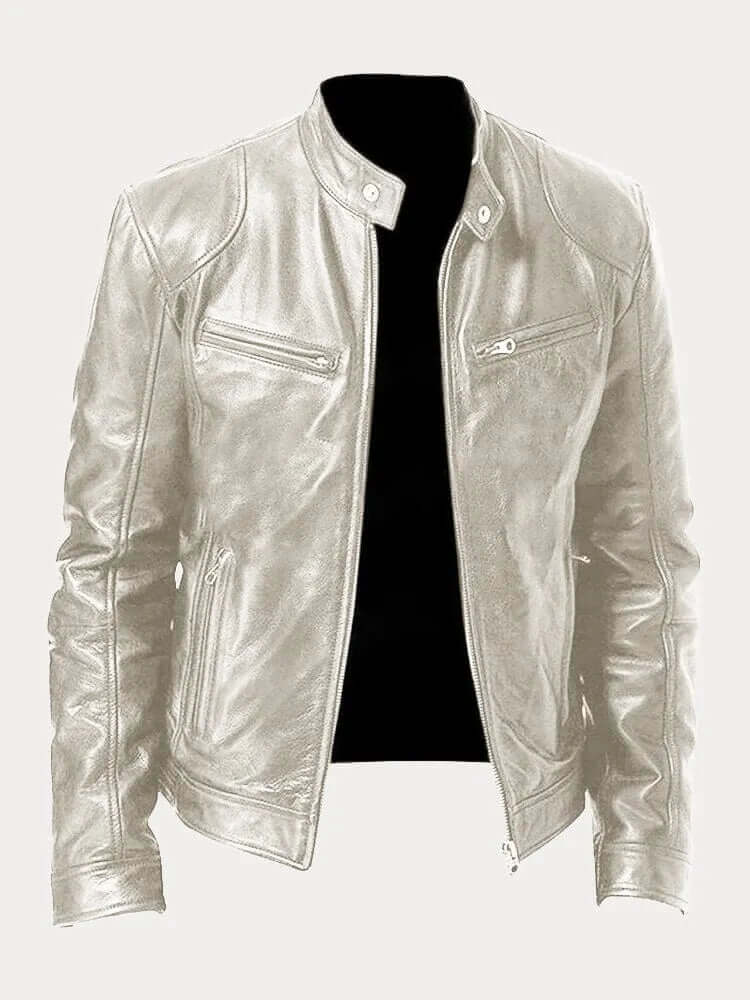 Men's black premium leather jacket rugged biker style with stand collar and front zip closure